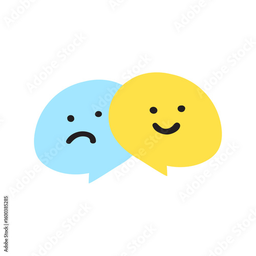 Happy and sad speech bubbles. Mental health concept. Feedback concept. Vector hand drawn illustration on white background.