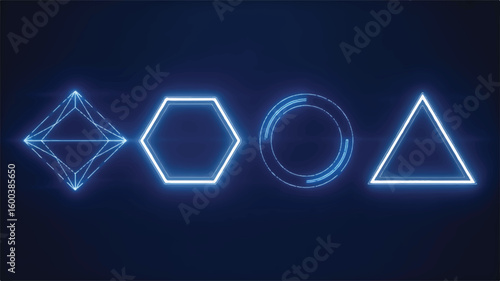 Geometric Neon Shapes: Abstract neon shapes dance against a deep blue backdrop, a vivid display of the beauty in simplicity and digital design, highlighting the synergy between technology and art.