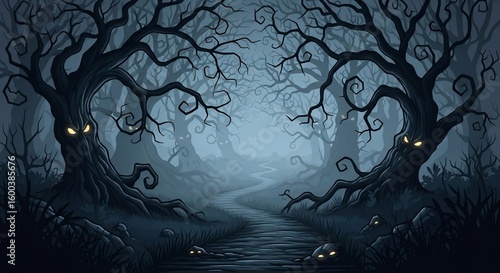 Spooky Forest Path with Glowing Eyes, Dark Trees, and Misty Background