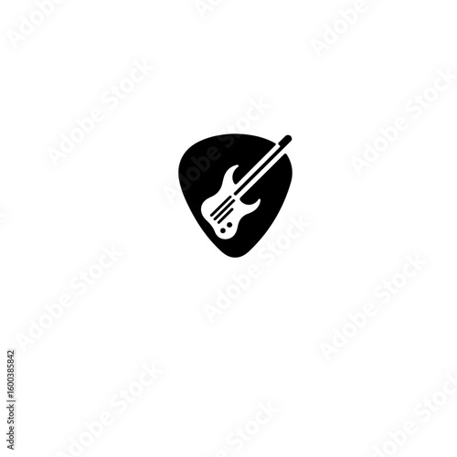 A black and white guitar silhouette inside of a guitar pick illustration