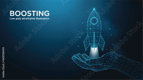 Reaching for the Stars: A digital rendering of a hand cradle a launching rocket, an image for business growth, development and high tech innovation.