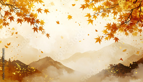 紅葉と山並みが広がる秋の和風風景