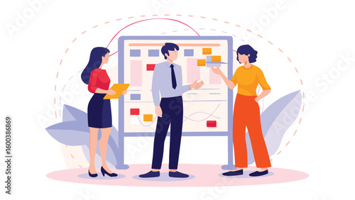 Team members collaborating on a project using a whiteboard with sticky notes and charts displayed on it