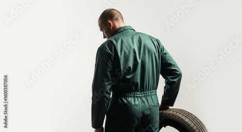 A professional Montir in green coveralls seen from the back, holding a car tire against a white background.