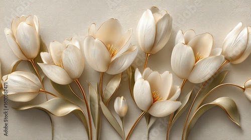 Elegant 3d Floral Design Beige Cream Tulips