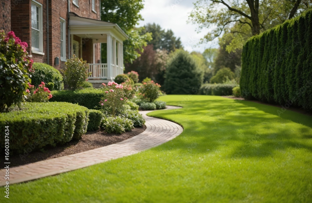 Manicured green lawn with vibrant colorful flowers and trimmed shrubs in front of charming house. Brick pathway winds through garden on sunny day, highlighting natural beauty and peaceful serenity. Manicured green lawn with vibrant colorful flowers and trimmed shrubs in front of charming house. Brick pathway winds through garden on sunny day, highlighting natural beauty and peaceful serenity.