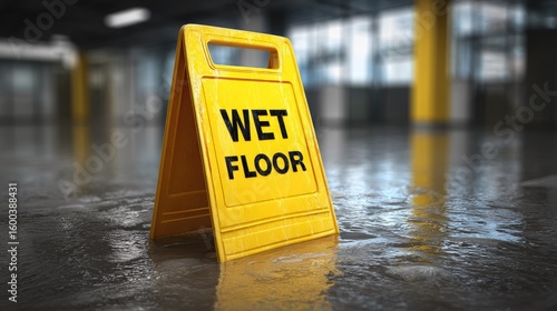 Yellow wet floor sign on a flooded floor