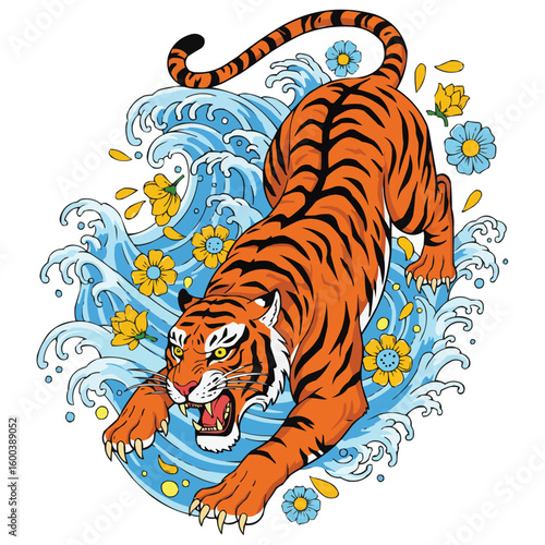 Roaring Tiger Surfing the Waves in a Japanese Tattoo Style