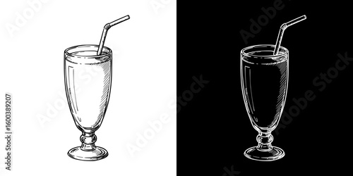 Chalk drawing of a glass with a straw, Isolated vector image in two design variants - on transparent and black backgrounds