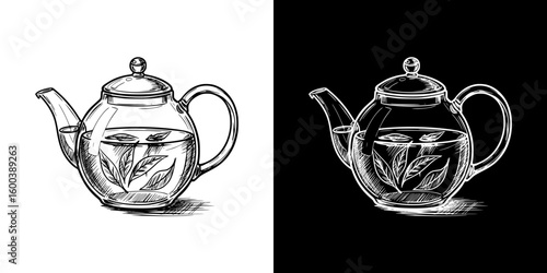 Glass teapot with brewed tea leaves - Concept of isolated vector image in two design variants - on transparent and black backgrounds, chalk drawing  