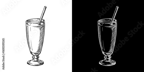 Isolated vector image of a drink in a glass with a straw in two design variants - on transparent and black backgrounds, chalk drawing  
