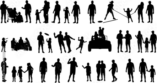 Family friends children recreation having fun outdoor in park silhouett