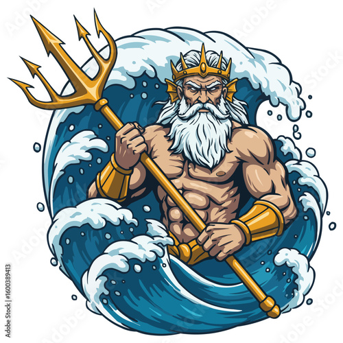 Poseidon, God of the Sea, with Trident and Ocean Waves