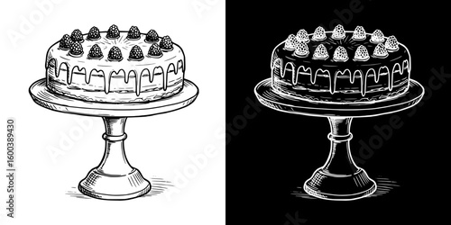 Berry cake on a stand in chalk drawing style, Isolated vector image in two design variants - on transparent and black backgrounds