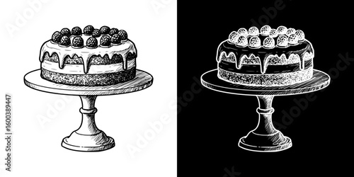 Vintage cake with berries on a stand, Isolated vector image in two design variants - on transparent and black backgrounds, chalk drawing