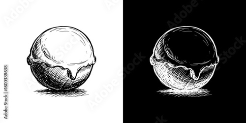 Isolated vector image of an ice cream scoop in chalk drawing style, two design variants - on transparent and black backgrounds