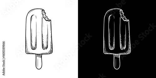 Bitten ice cream on a stick, isolated vector image in two design variants - on transparent and black backgrounds, chalk drawing
