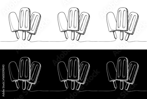 seamless border Ice cream popsicles, isolated vector image in two design variants - on transparent and black backgrounds, chalk drawing