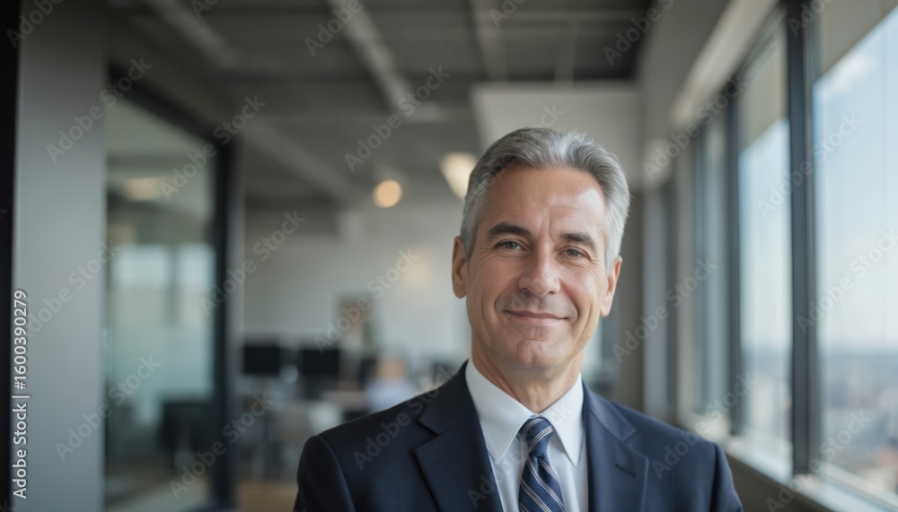 Mature businessman with graying hair smiles warmly wearing a dark suit and tie. Headshot portrays a confident, friendly CEO executive in a modern office workspace with large windows. Mature businessman with graying hair smiles warmly wearing a dark suit and tie. Headshot portrays a confident, friendly CEO executive in a modern office workspace with large windows.