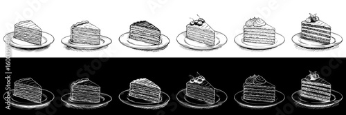 Isolated vector image of cake slices in two design variants - on transparent and black backgrounds, chalk drawing, image set, seamless border  