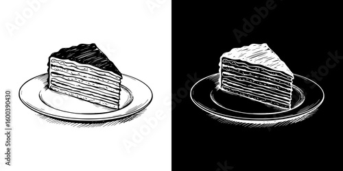 Isolated vector image of layered cake, isolated vector image in two design variants - on transparent and black backgrounds, chalk drawing