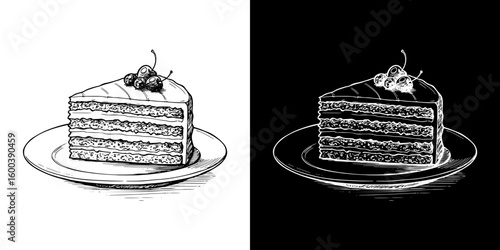Slice of layered sponge cake with berries, isolated vector image in two design variants - on transparent and black backgrounds, chalk drawing