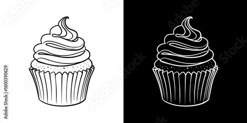 Chalk drawing of a cupcake, isolated vector image in two design variants - on transparent and black backgrounds
