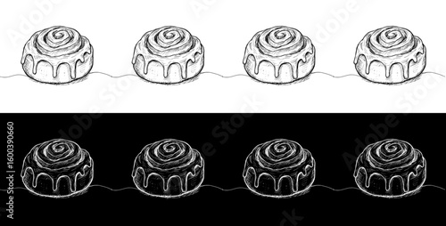 Isolated vector image of round desserts in two design variants - on transparent and black backgrounds, chalk drawing, seamless border 