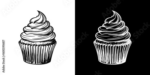 Chalk drawing of cupcake, isolated vector image in two design variants - on transparent and black backgrounds