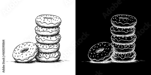 Stack of donuts in chalk drawing style, Isolated vector image in two design variants - on transparent and black backgrounds
