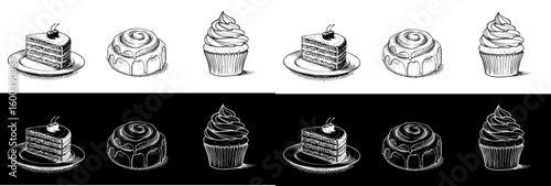 Chalk drawing of dessert items, Isolated vector image in two design variants - on transparent and black backgrounds, chalk drawing, image set, seamless border
