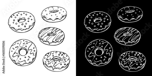 Donuts in chalk drawing style, Isolated vector image in two design variants - on transparent and black backgrounds