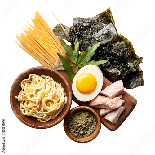 Collection of ramen ingredients including noodles egg meat seaweed and seasoning isolated on transparent background