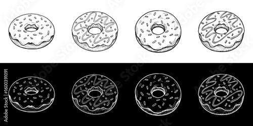 Isolated vector image of donuts in two design variants on black and transparent backgrounds, chalk drawing, image set, seamless border  