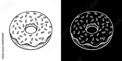 Chalk drawing of a donut, Isolated vector image in two design variants - on transparent and black backgrounds