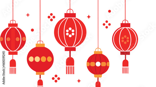 A collection of vibrant red chinese lanterns with intricate patterns and tassels hanging gracefully creating a festive and traditional atmosphere isolated on transparent background