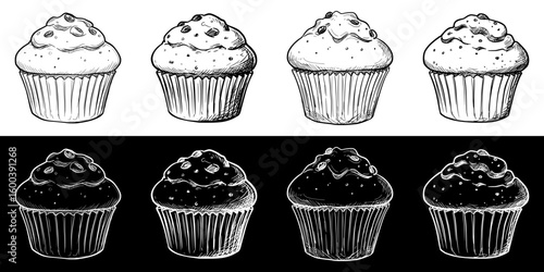 Isolated vector image of muffins in two design variants - on transparent and black backgrounds, chalk drawing, image set, seamless border  