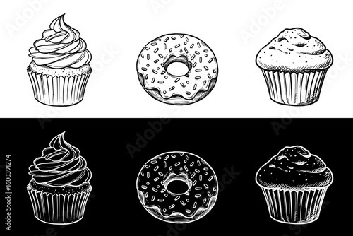 Chalk drawing of cupcakes and donuts, Isolated vector image in two design variants - on transparent and black backgrounds, chalk drawing, image set, seamless border
