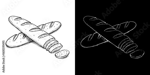 Baguette bread sketch illustration, Isolated vector image in two design variants - on transparent and black backgrounds, chalk drawing
