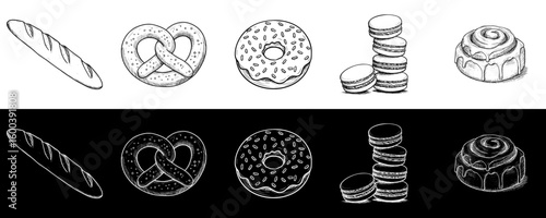 Isolated vector image of various baked goods, two design variants - on transparent and black backgrounds, image set, seamless border
