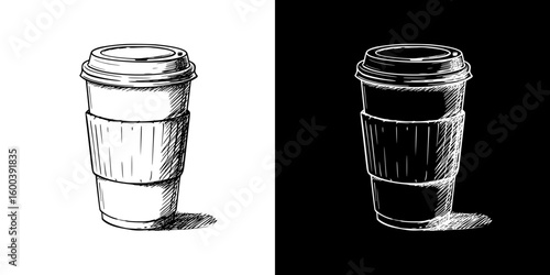 Chalk drawing of coffee cup, Isolated vector image in two design variants - on transparent and black backgrounds