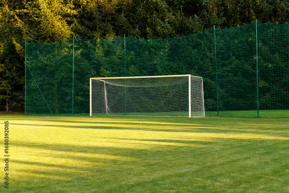 Fototapeta premium Empty football goal on green field with netting