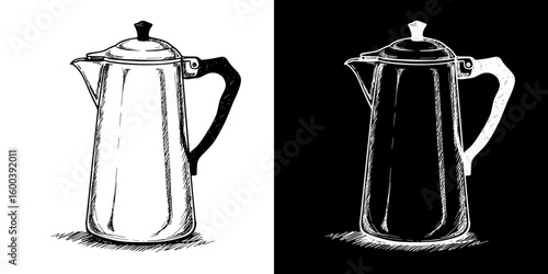 Isolated vector image of a coffee pot in two design variants - on transparent and black backgrounds, chalk drawing  