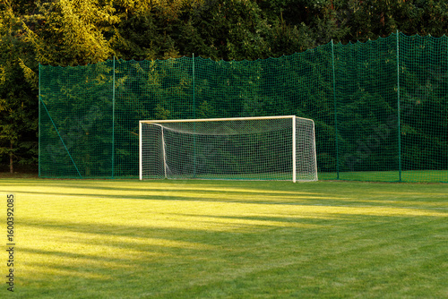 Empty football goal on green field with netting