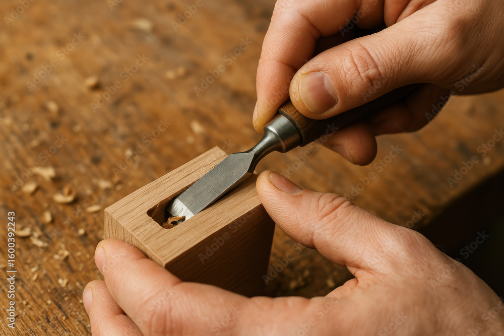 Fototapeta premium Woodworking Handcraft: A craftsman meticulously uses a chisel to carve a precise groove into a wooden block, showcasing traditional craftsmanship in a well-lit workshop.