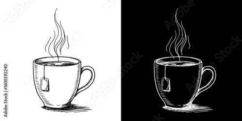 Chalk drawing of tea cup with steam, Isolated vector image in two design variants - on transparent and black backgrounds, chalk drawing
