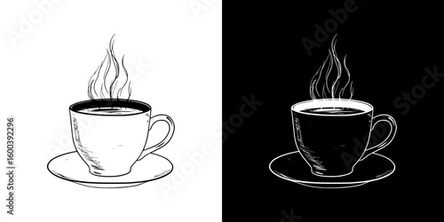 Isolated vector image of coffee cup in chalk drawing style, two design variants - on transparent and black backgrounds