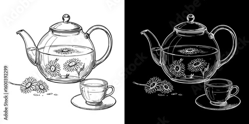 chalk drawing of glass teapot with chamomile tea and cup, Isolated vector image in two design variants - on transparent and black backgrounds
  