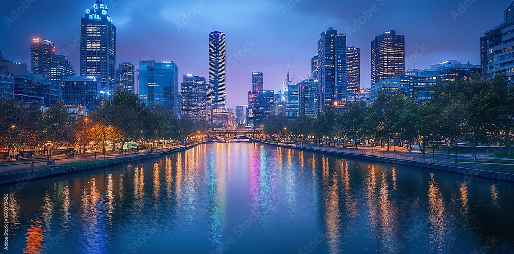 Fototapeta premium Melbourne skyline at night reflecting in Yarra River