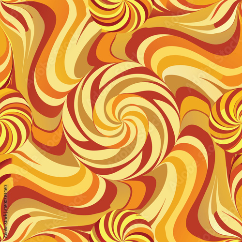 Seamless pattern of Swirling psychedelic orange and yellow candy pattern with a retro 1970s vibe